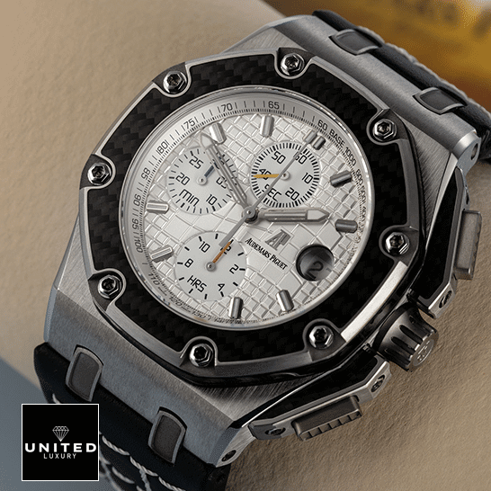 Audemars Piguet Royal Oak Offshore 26030IO.OO.D001IN.01 "White Dial" Exclusive Clone Edition audemarspiguet royaloakoffshore 26030IO.OO .D001IN.01 replica left Ap Royal Oak 26030IO.OO_.D001IN.01 White Dial Replica on the cream stand