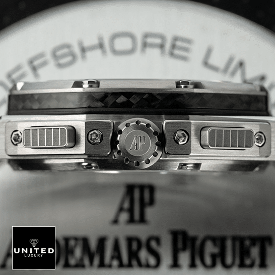 Audemars Piguet Royal Oak Offshore 26030IO.OO.D001IN.01 "White Dial" Exclusive Clone Edition audemarspiguet royaloakoffshore 26030IO.OO .D001IN.01 replica rightside Audemars Piguet 26030IO.OO_.D001IN.01 Replica side view crown / push button