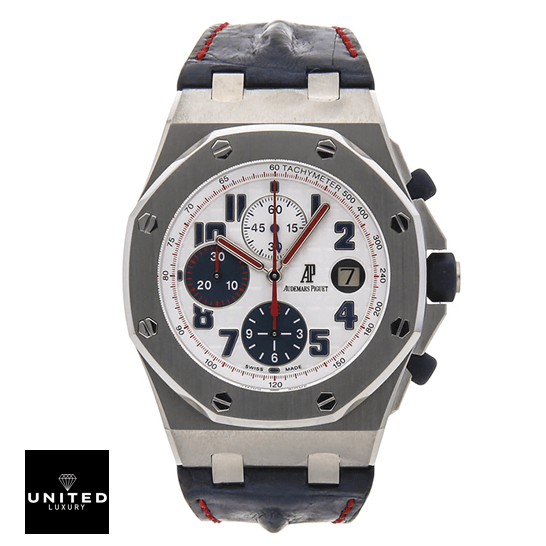 Audemars Piguet Royal Oak Offshore 26208ST.OO.D305CR.01 "Tour Auto" Perfect Clone Edition audemarspiguet royaloakoffshore 26208ST.OO .D305CR.01 replica front Ap Royal Oak 26208ST.OO_.D305CR.01 White Dial Blue Rubber Bracelet Replica front view