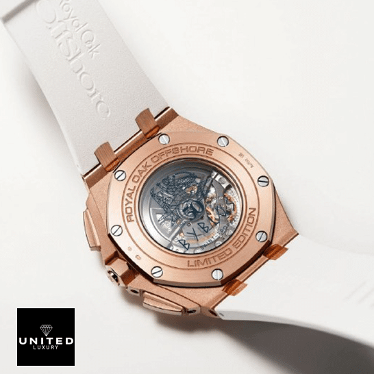 Audemars Piguet Royal Oak Offshore 26408OR.OO.A010CA.01 "Byblos" Near Original Replica audemarspiguet royaloakoffshore 26408OR.OO .A010CA.01 replica back Audemars Piguet Gold Case White Rubber Bracelet Replica upside view