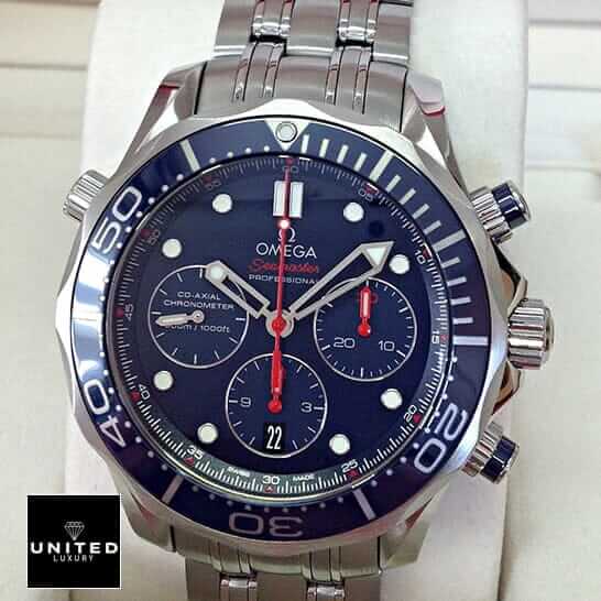 Omega Seamaster Diver Co-Axial Chronograph 212.30.44.50.03.001 Mirror Clone Quality omega 300m chronograph replica 3 Omega Seamaster Blue Dial Stainless Steel Replica red second hand