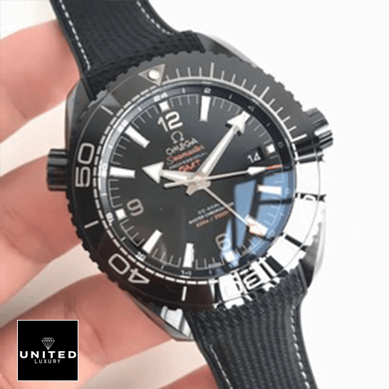 Omega Seamaster 215.92.46.22.01.001 "Deep Black" 1:1 Clone Edition omega seamaster planet ocean steel ceramic 215.92.46.22.01 black Omega Seamaster Black Dial Bezel Replica on the hand white background