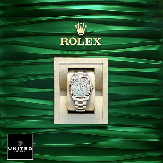 Rolex Datejust 126331 Mother Of Pearl Elite Clone Edition Rolex Datejust 41 126331-0013 Mother Of Pearl Replica in the Box and Green wave background