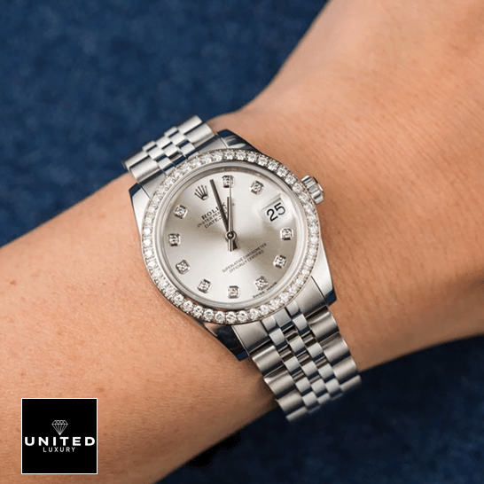 Rolex Datejust 178384 "Diamond Dial" Premium Clone Rolex Datejust 178384 White Gold Diamond Bezel Replica on the wrist