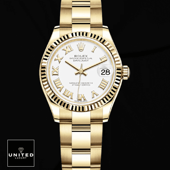Rolex Datejust 278278 White Dial & Yellow Gold Fluted Bezel Replica Black Background
