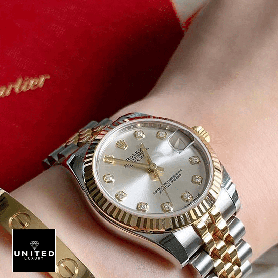 Rolex Datejust Diamond Replica on a woman's wrist