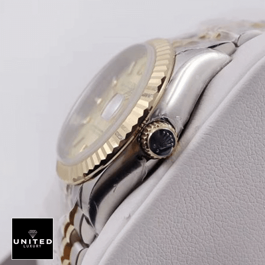 Rolex Datejust 279173 Champagne Replica Rolex Datejust Steel Yellow Gold 279173 Replica side pose on the box