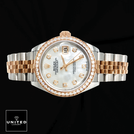 Rolex Lady-Datejust 279381RBR Everose Gold Sundust Diamond High-End Replica 1:1 Rolex Datejust 279381RBR Two Tone Jubilee Replica and Black Background