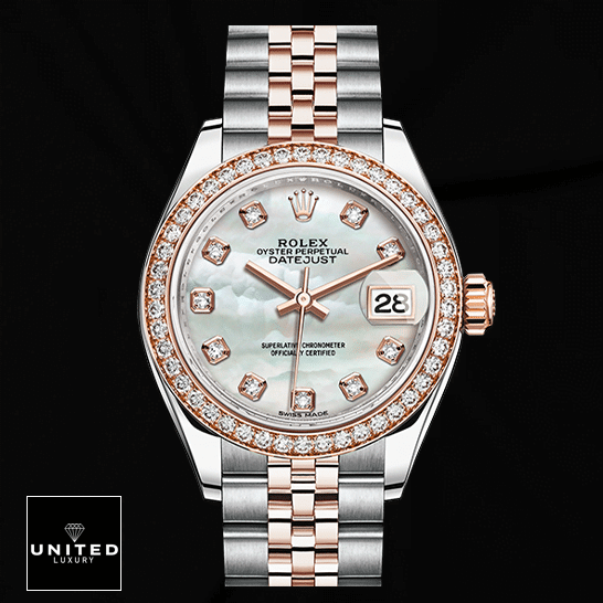 Rolex Lady-Datejust 279381RBR Everose Gold Sundust Diamond High-End Replica 1:1 Rolex Datejust 279381RBR Rose Gold & Silver Jubilee Replica and Black Background