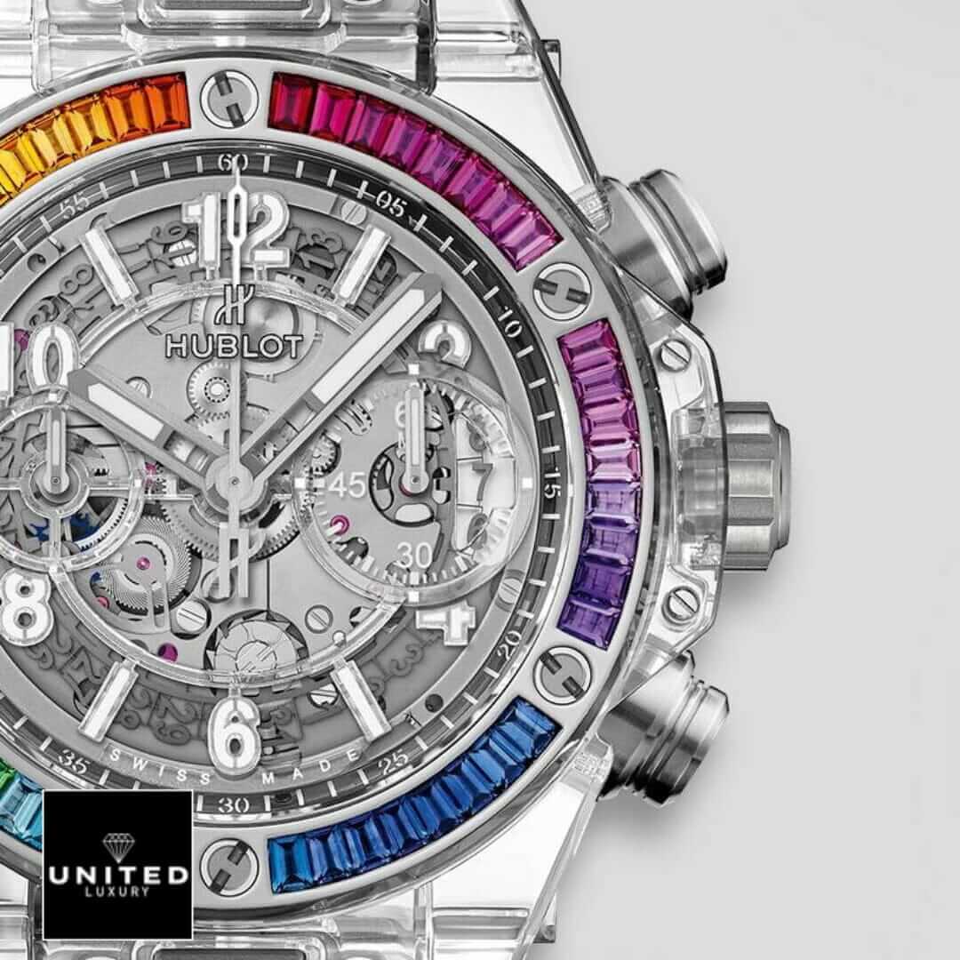 Hublot Big Bang Unico "Rainbow" Sapphire Case 411.JX.4803.RT.4099 True to Original Copy Yeni Proje 8 Hublot Big Bang Rainbow Bezel White Dial Replica white background