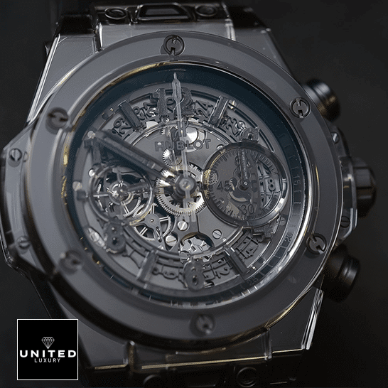 Hublot Big Bang Unico Sapphire All Black 411.JB.4901.RT Replica hublot big bang unico sapphire all blac Hublot 411.JB_.4901.RT Big Bang Black Case Dial Bezel Replica front view
