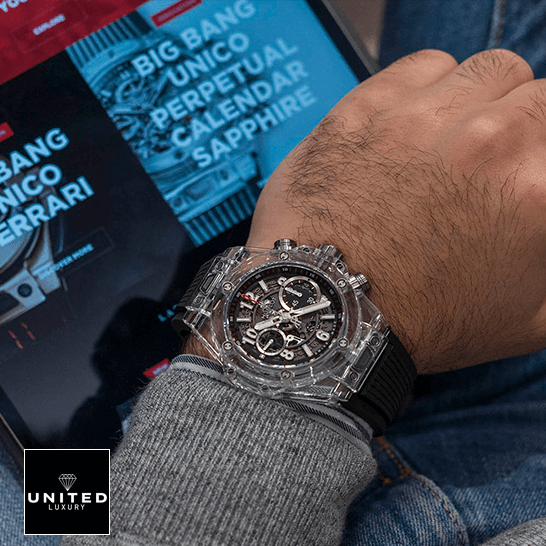 Hublot Big Bang Unico "Sapphire Case" 411.JX.1170.RX Precision Duplicate 1:1 hublot big bang unico magic sapphire Hublot Big Bang Unico Magic Sapphire Replica on the wrist