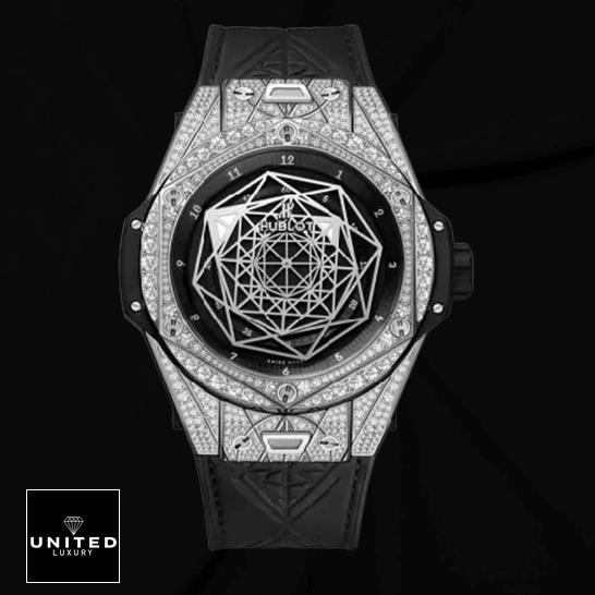 Hublot Big Bang "Iced Out" Diamond 415.NX.1112.VR.1704.MXM17 Masterpiece Clone hublot big bang sang bleu titanium pave 415 NX 1112 VR 1704 MXM17 replica front three Hublot Big Bang Titanium 415_NX_1112_VR_1704_MXM17 Replica black background