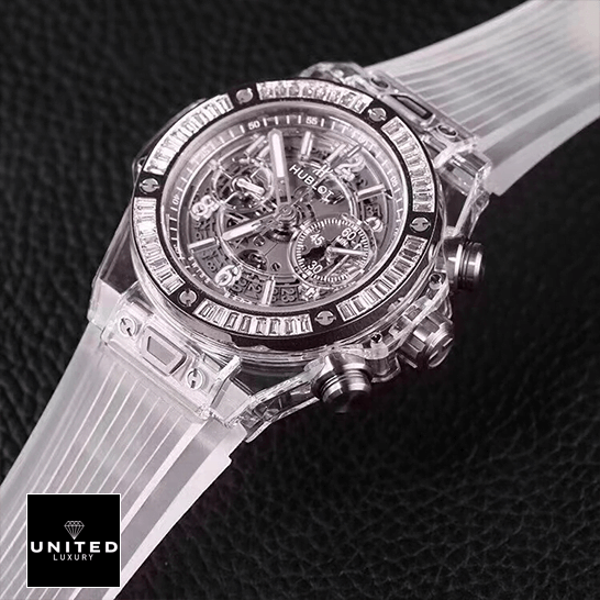 Hublot Big Bang Unico Sapphire Diamond 411.JX.4802.RT.1904 Luxury Clone Quality hublot big bang unico sapphire baguettes 411 JX 4802 RT 1904 replica front right Hublot Big Bang Unico Sapphire 411_JX_4802_RT_1904 Replica black background