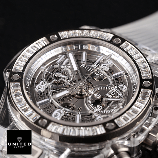 Hublot Big Bang Unico Sapphire Diamond 411.JX.4802.RT.1904 Luxury Clone Quality hublot big bang unico sapphire baguettes 411 JX 4802 RT 1904 replica front two Hublot Big Bang Sapphire 411_JX_4802_RT_1904 Replica black background