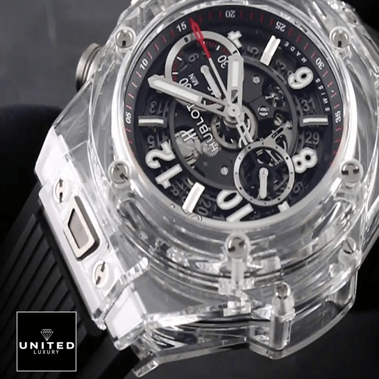 Hublot Big Bang Unico "Sapphire Case" 411.JX.1170.RX Precision Duplicate 1:1 Hublot Black Dial Black Rubber Bracelet Replica red second hand