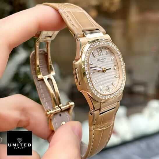 Patek Philippe Nautilus 7010R-011 "Silver Dial" High Fidelity Replica patek 7010r 011 replica 5 Patek Philippe Nautilus Diamond Bezel Replica opened clasp