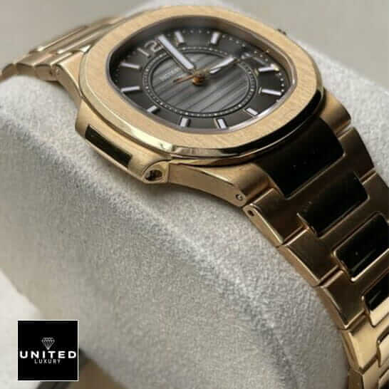 Patek Philippe Nautilus 7011/1R "Rose Gold" Exact Duplicate Quality patek 7011 1r 010 replica 4 Patek Philippe 7011-1R-010 Black Dial Gold Case Replica on the stand