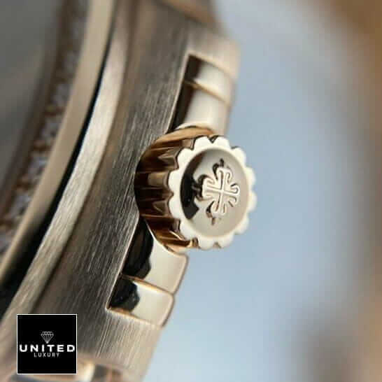 Patek Philippe Nautilus 7118-1200r-010 Rose Gold Exceptional Replica 1:1 patek 7118 1200r 010 replica 5 Patek Philippe 7118-1200r-010 Gold Case Replica crown on the patek logo