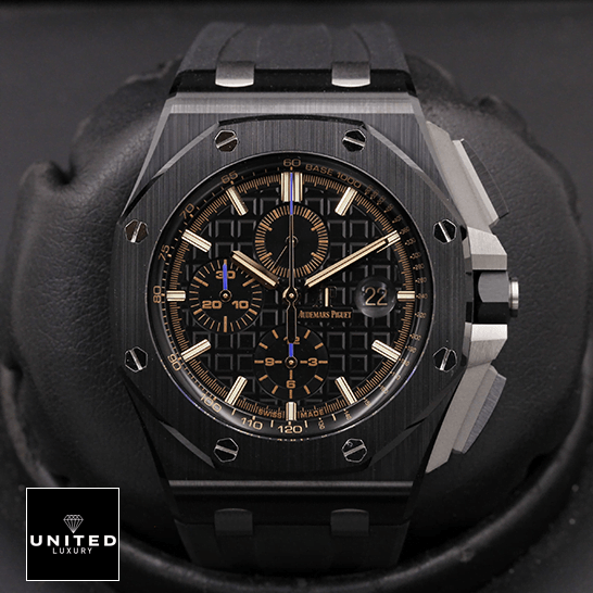 AP Royal Oak Offshore 26405CE.OO.A002CA.02 "Black Ceramic" 1:1 Clone Edition audemars piguet royaloakoffshore 26405CE.OO .A002CA.02 replica front AP Royal Oak 26405CE.OO_.A002CA.02 Black Dial Replica front view black background