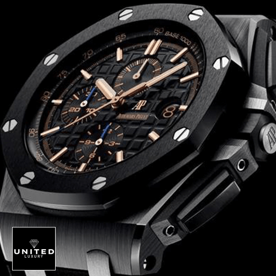 AP Royal Oak Offshore 26405CE.OO.A002CA.02 "Black Ceramic" 1:1 Clone Edition audemars piguet royaloakoffshore 26405CE.OO .A002CA.02 replica right AP Royal Oak 26405CE.OO_.A002CA.02 Black Bezel Replica crown / push button