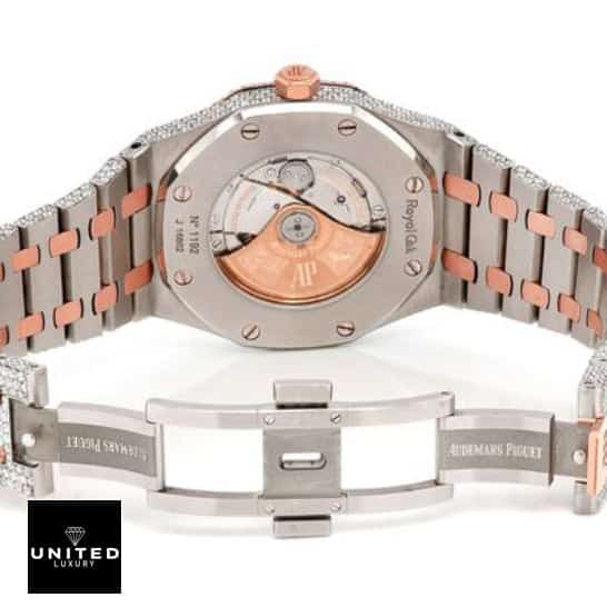 AP Royal Oak Iced Out Two-Tone 15400SR.OO.1220SR.01 Master Replica 1:1 audemars piguet selfwinding replica back Two tone ap diamond replica 15400SR.OO.1220SR.01 clasp and case view