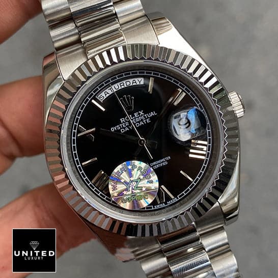 Rolex Day-Date "Presidential" 218239 Detailed Replica rolex presidential replica2 Rolex Day Date II Presidential 218239 Black Roman Dial Silver Jubilee Replica