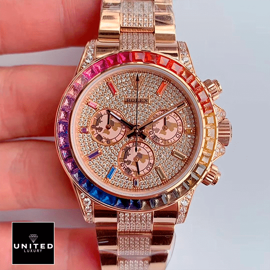 Rolex Daytona "Rainbow" 116520-0016 Superior Replica Rolex Daytona 116520-0016 Iced Out Replica on the hands