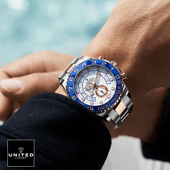 Rolex Yacht-Master II 116621-0002 Two-Tone Timepiece Ultra Precision Replica rolex yacht master 116681 ii man Rolex Yacht Master 116681 II Replica black shirt at the wrist