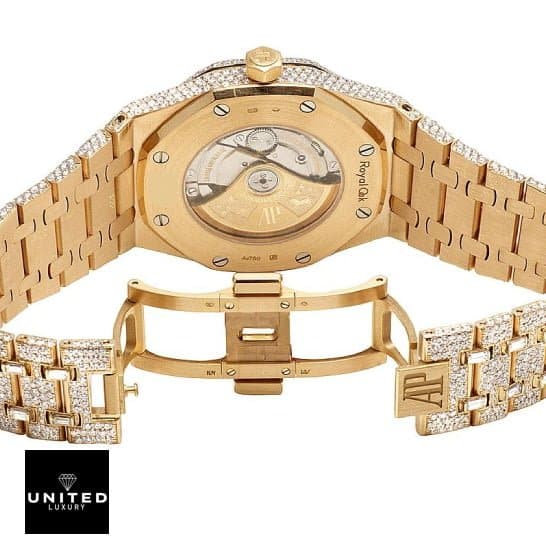 Audemars Piguet Royal Oak 15400SR.OO.1220SR.01 "Fully Iced Out" Elite Clone Edition audemars piguet royal oak selfwinding gold 15400sr oo 1220sr 01 iced out replica back Audemars Piguet Royal Oak Replica Open Clasp