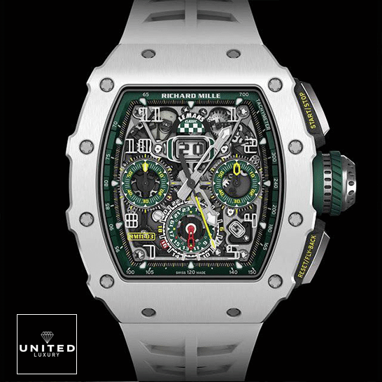 Richard Mille RM 11-03 "Le Mans" First-Class Clone richardmillie RM11 03 replica front Richard Mille RM1103 Green Dial White Bezel Replica front view black background