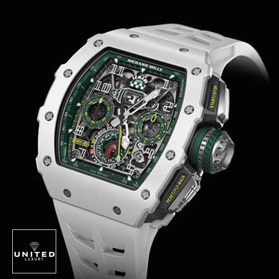 Richard Mille RM 11-03 "Le Mans" First-Class Clone richardmillie RM11 03 replica left Richard Mille RM1103 White Rubber Bracelet Replica black background