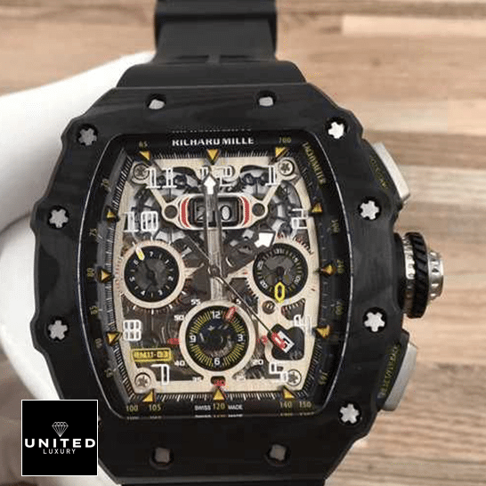 Richard Mille RM 11-03 "Carbon NTPT" Mirror Replica 1:1 richard mille rM11 03 automatic winding flyback replica unitedluxurynet 1 Richard Mille RM11-03 White Dial Black Bezel Bracelet Replica on the hand
