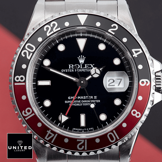 Rolex GMT-Master II 16710 "Coke" True Clone 1:1 rolex gmt master II red amp black bezel black dial 16710 oyster left Rolex GMT-Master II Coke 16710 Black & Red Bezel Replica Black Red Background
