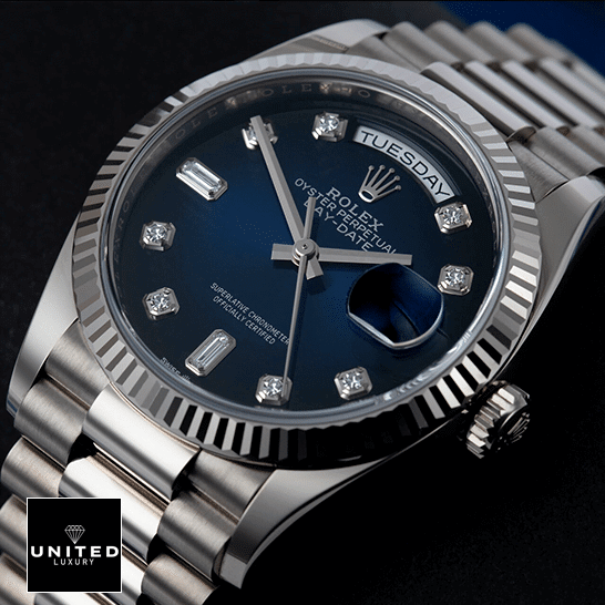 Rolex Day-Date 128239 "Blue Diamond Dial" High Fidelity Replica Rolex Day-Date 36 7118-1200R-01 Replica Stainless Steel Bezel
