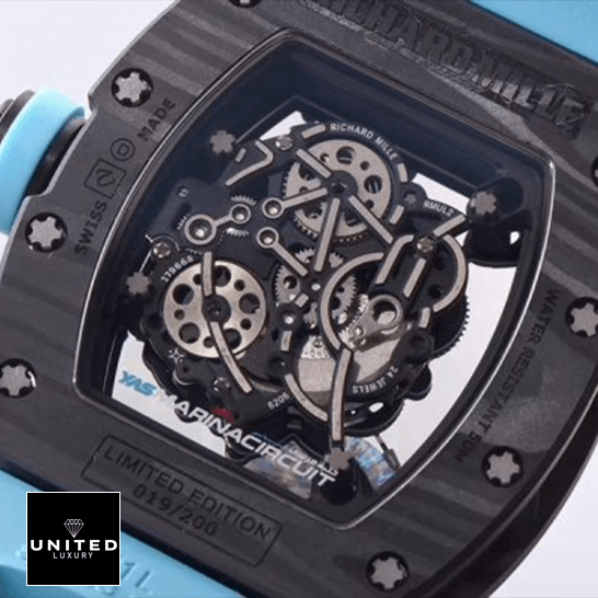 Richard Mille RM 055 "Yas Marina" Precision Duplicate 1:1 richard mille RM055 KV V2 carbon case blue skeleton dial replica back Richard Mille RM055 Carbon Case Limited Edition 019/200 Replica close view