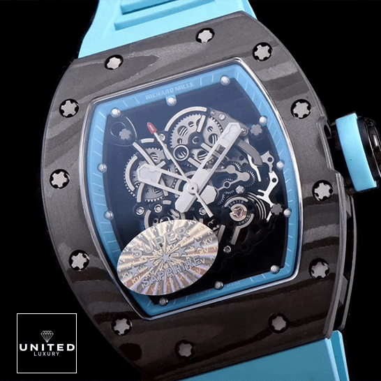 Richard Mille RM 055 "Yas Marina" Precision Duplicate 1:1 richard mille RM055 KV V2 carbon case blue skeleton dial replica front Richard Mille RM055 Carbon Bezel Skeleton Dial Replica black background