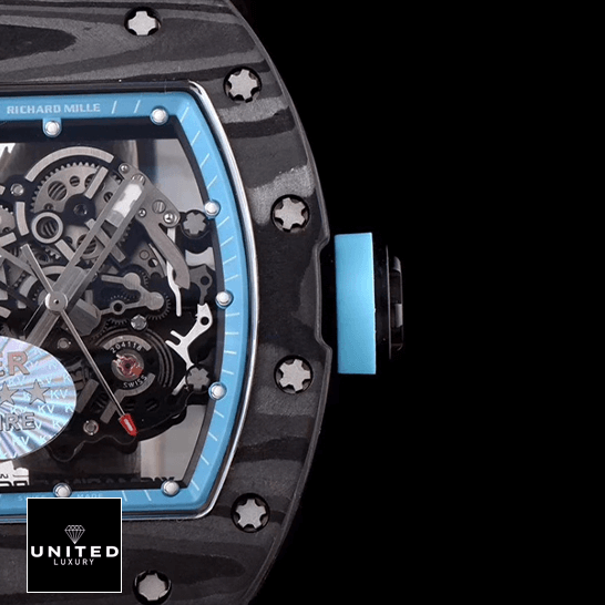 Richard Mille RM 055 "Yas Marina" Precision Duplicate 1:1 richard mille RM055 KV V2 carbon case blue skeleton dial replica right two Richard Mille RM055 KVV2 Carbon Case Blue Skeleton Dial Replica black bakground