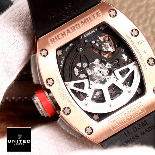 Richard Mille RM 011 Rose Gold Exceptional Replica 1:1 richard mille RM 011 automatic flyback chronograph red demon limited edition back Richard Mille RM011 Automatic Gold Case Replica upside view