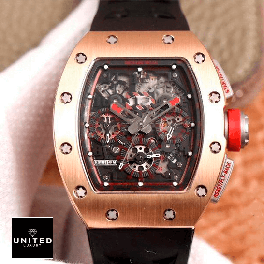 Richard Mille RM 011 Rose Gold Exceptional Replica 1:1 richard mille RM 011 automatic flyback chronograph red demon limited edition front Richard Mille RM011 Automatic Black Dial Replica on the hand