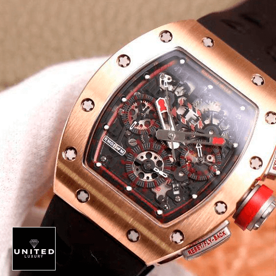 Richard Mille RM 011 Rose Gold Exceptional Replica 1:1 richard mille RM 011 automatic flyback chronograph red demon limited edition front two Richard Mille RM011 Gold Rose Bezel Black Bracelet Replica front view