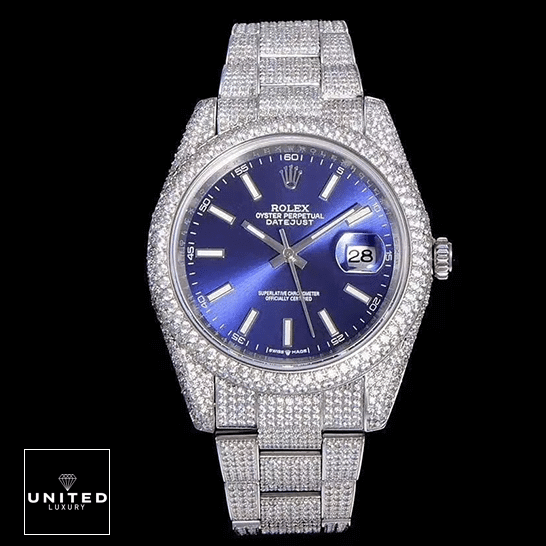 Rolex Datejust 126300 "Iced Out Blue Dial" Premium Clone Edition rolex datejust 126300 replica front Rolex Datejust White Gold Blue Dial Iced Out 126300 Replica and black background