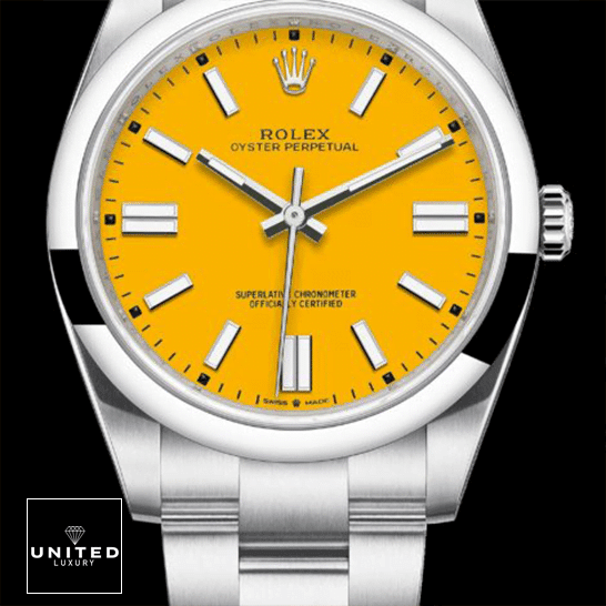 Rolex Oyster Perpetual 124300 "Orange Dial" Deluxe Clone 1:1 rolex oyster perpetual yellow dial 124300 replica yellow unitedluxurynet 1 Rolex Perpetual 124300 Yellow Dial Stick indices Replica and Black Background