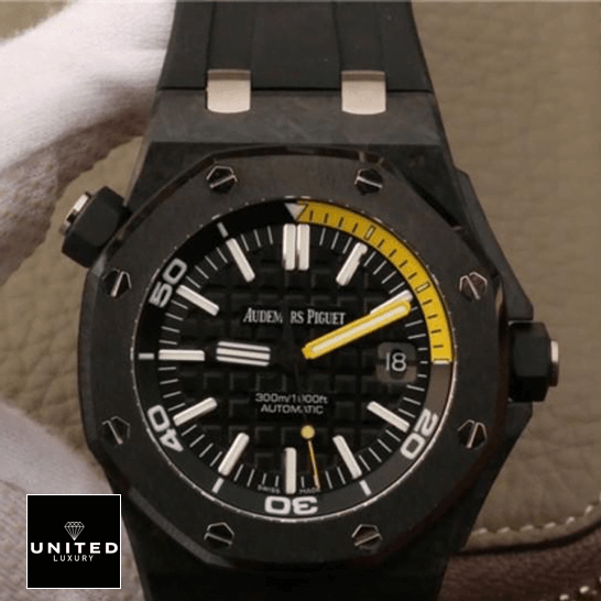 Audemars Piguet Royal Oak Offshore Diver 15706AU "Forged Carbon" Perfect Clone Edition audemars piguet royal oak offshore diver 15706AU.OO .A002CA.01 replica front two Audemars Piguet 15706AU.OO_.A002CA.01 Black Dial Replica on the hand