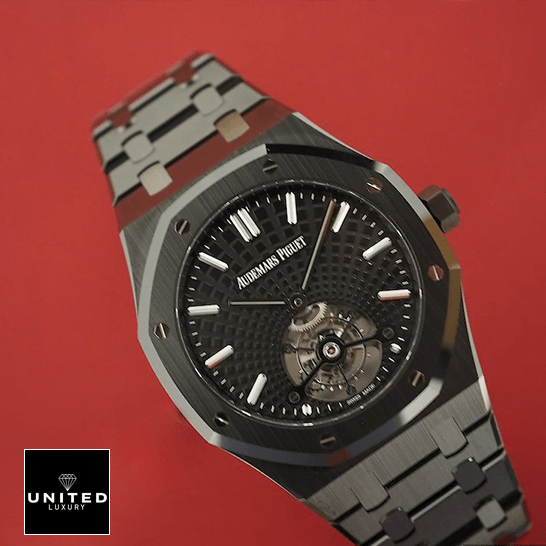 Audemars Piguet Royal Oak Tourbillon 26522CE "Black Ceramic" Pro Clone 1:1 audemars piguet royal oak tourbillon 26522CE.OO .1225CE left Audemars Pigıet Tourbillion Black Dial Steel Bracelet 26522CE.OO_.1225CE Replica red background