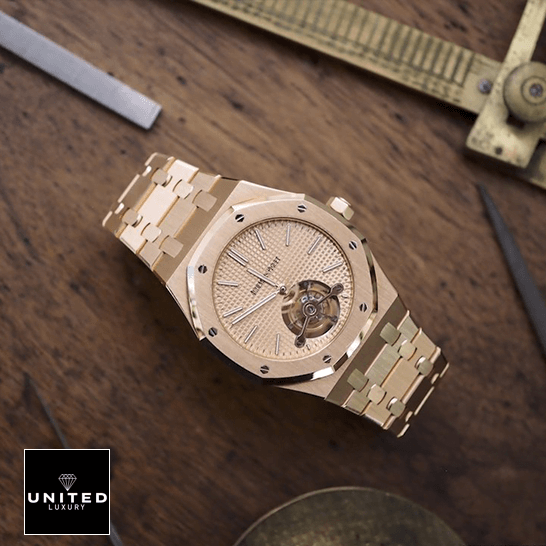 Royal Oak Tourbillon 26515OR.OO.1220OR.01 Extra-Thin Replica audemars piguet royal oak tourbillon extra plat man rosegold Ap Royal Oak Tourbillion Extra Plat Man Replica on the table