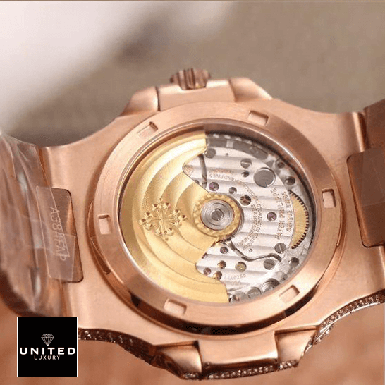 Patek Philippe Nautilus 5711 "Iced Out Diamonds" Authentic Replica Edition patek philippe nautilus jumbo 5711 R8 back Patek Philippe Nautilus Jumbo 5711-R8 Rose Gold Replica upside view