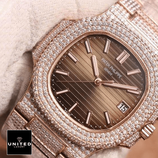 Patek Philippe Nautilus 5711 "Iced Out Diamonds" Authentic Replica Edition patek philippe nautilus jumbo 5711 R8 dial Patek Philippe Nautilus 5711-R8 Jumbo Iced Out Brown Dial Replica