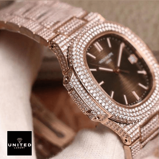 Patek Philippe Nautilus 5711 "Iced Out Diamonds" Authentic Replica Edition patek philippe nautilus jumbo 5711 R8 left Patek Philippe 5711-R8 Nautilus Jumbo Iced Out Replica on the white glove hand