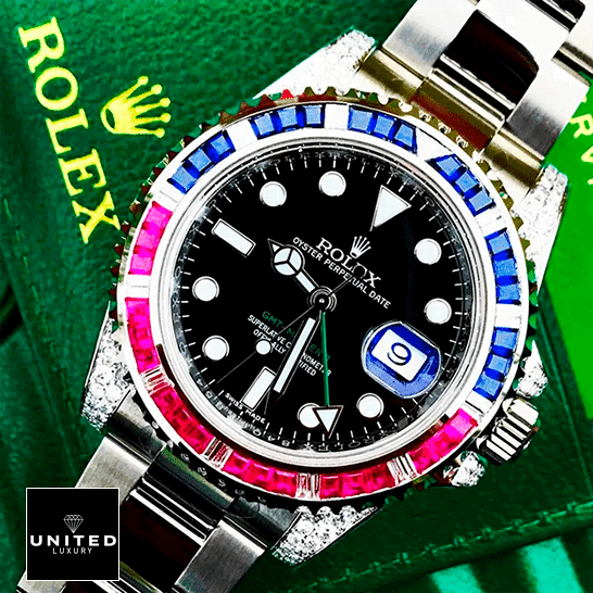 RolexGMT Master 116718LN "Diamond Bezel" Ultra Clone 1:1 rolex gmt master II 116710 diamond blackdial oyster replica front 1 Rolex GMT Master II 116710 Blue-Red Gem-Set Bezel Replica